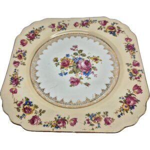 Vintage 1940's Gold Castle China Hostess Square Salad Plate Flowers Gold Inlay